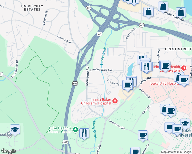 map of restaurants, bars, coffee shops, grocery stores, and more near 2733 Campus Walk Avenue in Durham