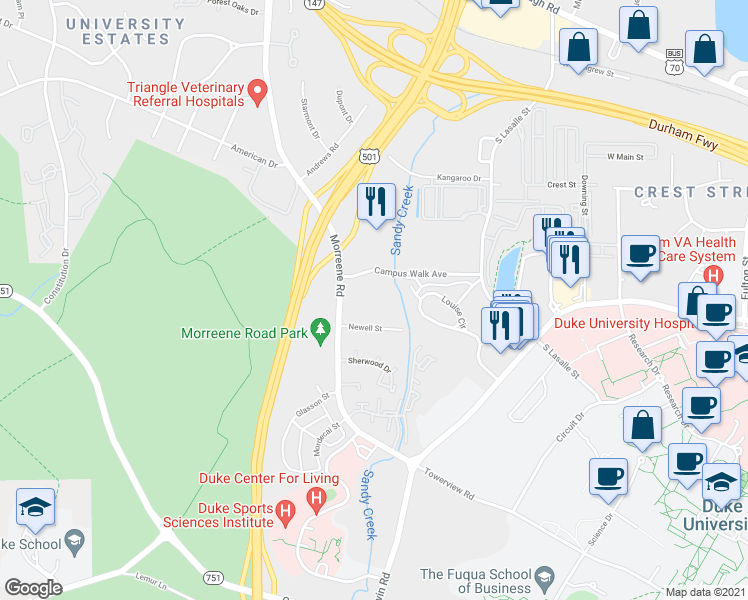 map of restaurants, bars, coffee shops, grocery stores, and more near 929 Morreene Road in Durham