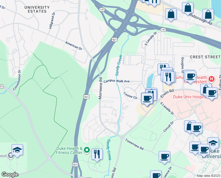 map of restaurants, bars, coffee shops, grocery stores, and more near 929 Morreene Road in Durham