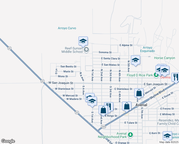 map of restaurants, bars, coffee shops, grocery stores, and more near 104 West Mariposa Street in Avenal