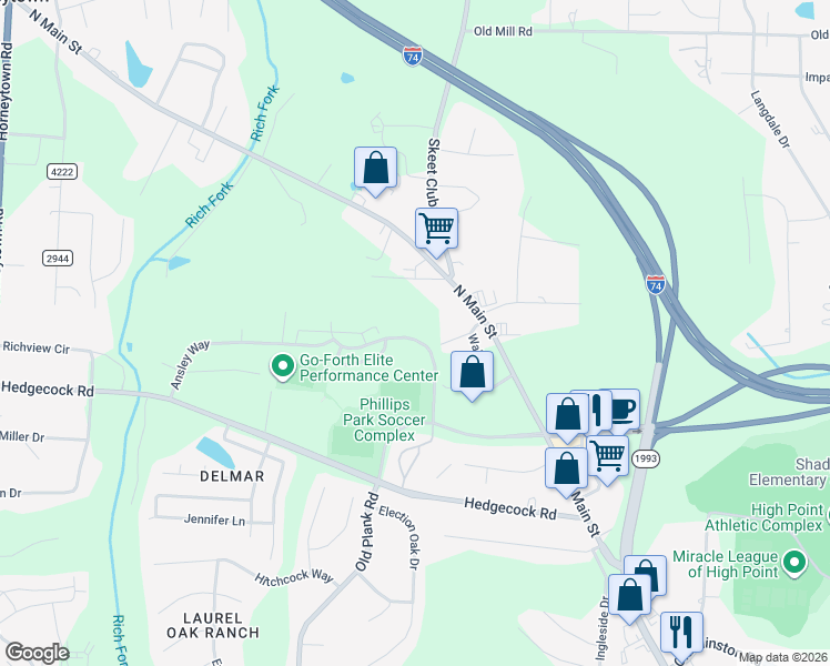 map of restaurants, bars, coffee shops, grocery stores, and more near 6522 Ashebrooke Drive in High Point