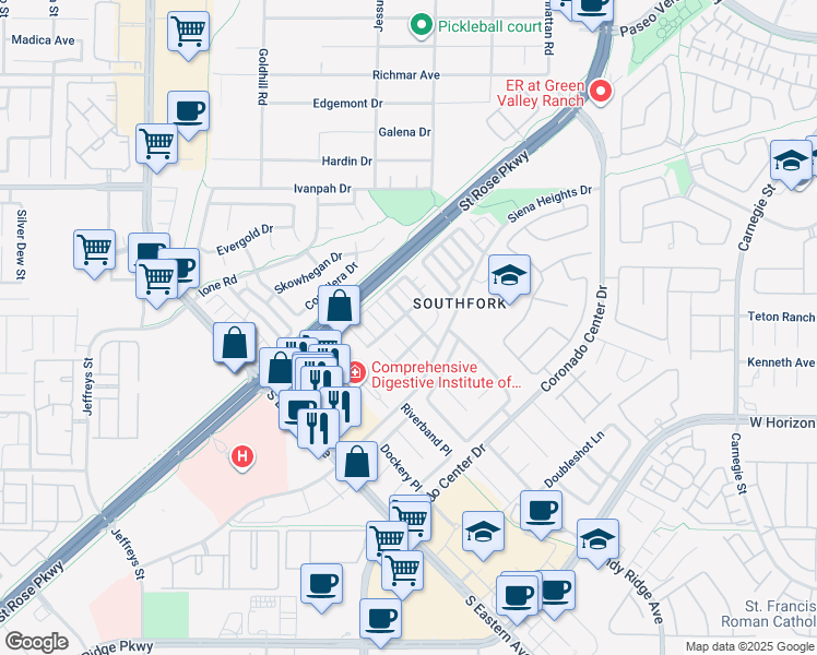 map of restaurants, bars, coffee shops, grocery stores, and more near 517 Quail Bird Place in Henderson