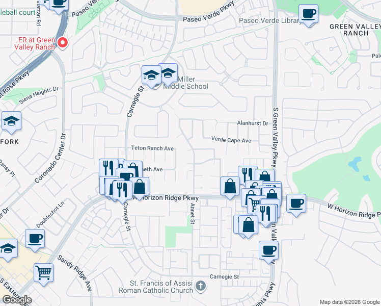 map of restaurants, bars, coffee shops, grocery stores, and more near 513 Annet Street in Henderson