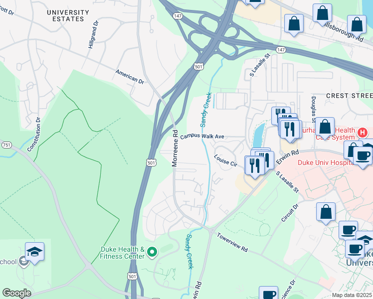map of restaurants, bars, coffee shops, grocery stores, and more near 929 Morreene Road in Durham