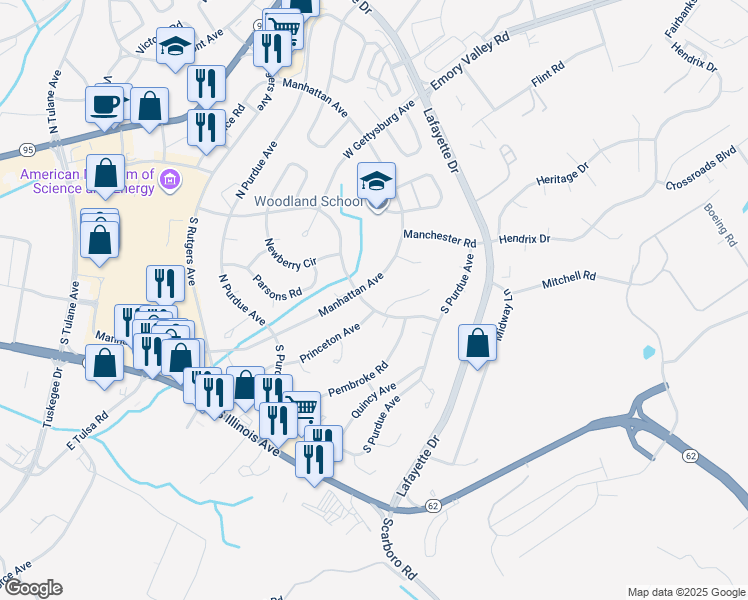 map of restaurants, bars, coffee shops, grocery stores, and more near 199 Manhattan Avenue in Oak Ridge