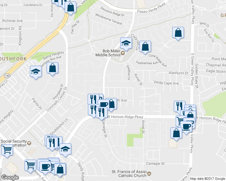 map of restaurants, bars, coffee shops, grocery stores, and more near 503 Sierra Peak Court in Henderson