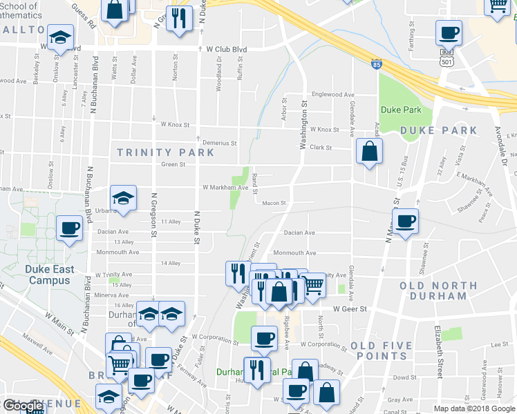 map of restaurants, bars, coffee shops, grocery stores, and more near 400 Macon Street in Durham
