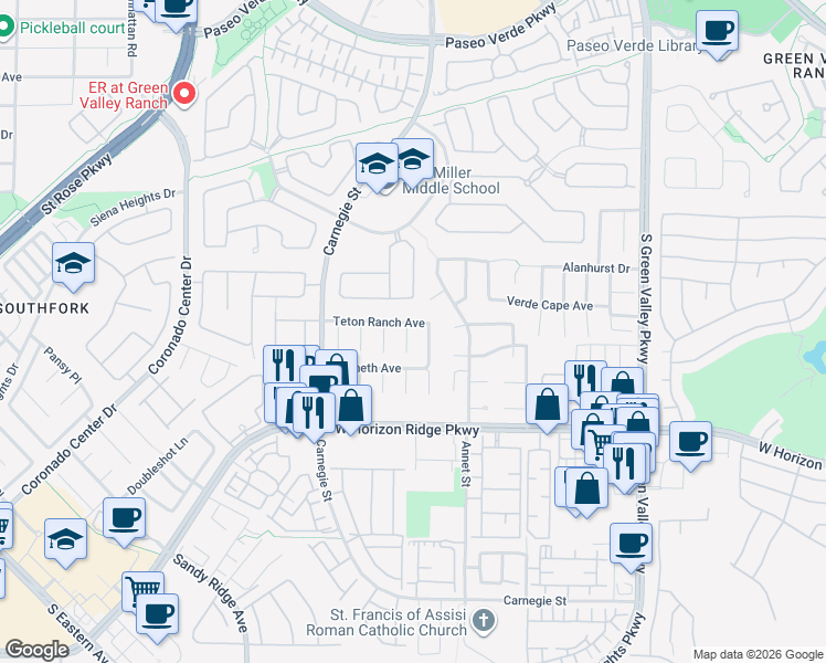 map of restaurants, bars, coffee shops, grocery stores, and more near 500 Short Crest Court in Henderson