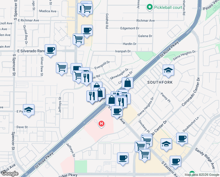 map of restaurants, bars, coffee shops, grocery stores, and more near 448 Winthrop Place in Henderson