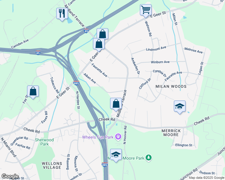 map of restaurants, bars, coffee shops, grocery stores, and more near 2103 Aiken Avenue in Durham