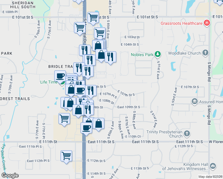 map of restaurants, bars, coffee shops, grocery stores, and more near 8316 East 106th Street South in Tulsa