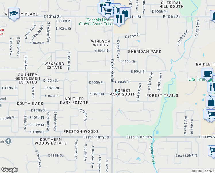 map of restaurants, bars, coffee shops, grocery stores, and more near 10617 South Oxford Avenue in Tulsa