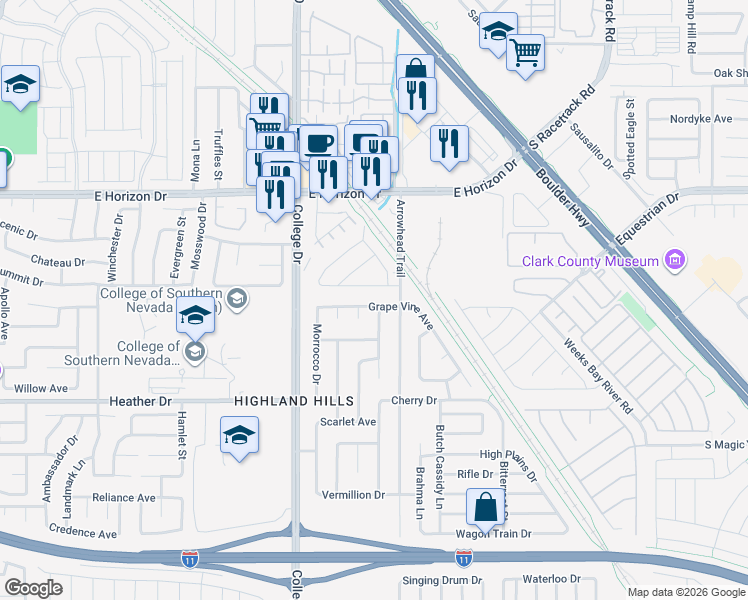 map of restaurants, bars, coffee shops, grocery stores, and more near 791 Grape Vine Avenue in Henderson