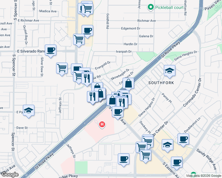 map of restaurants, bars, coffee shops, grocery stores, and more near 448 Winthrop Place in Henderson