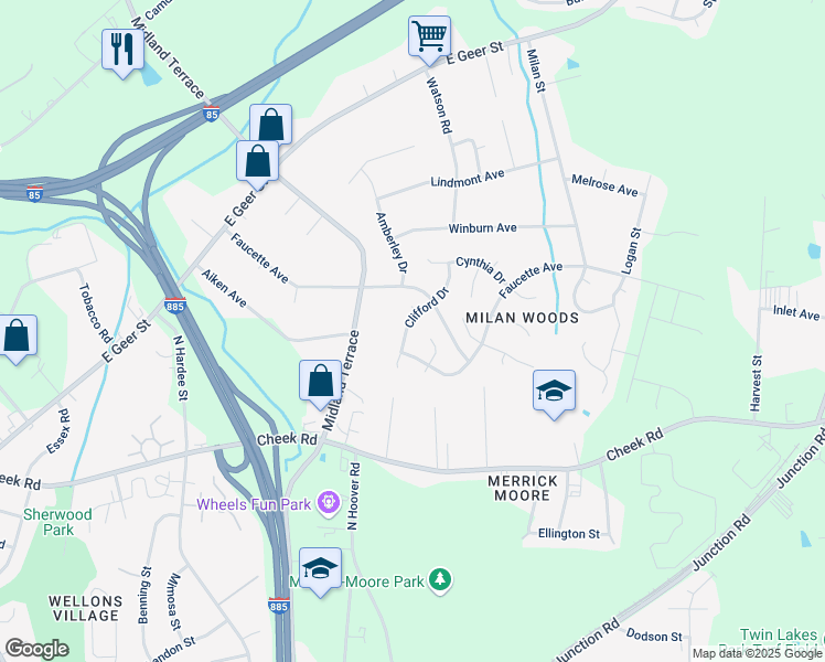 map of restaurants, bars, coffee shops, grocery stores, and more near 1006 Clifford Drive in Durham