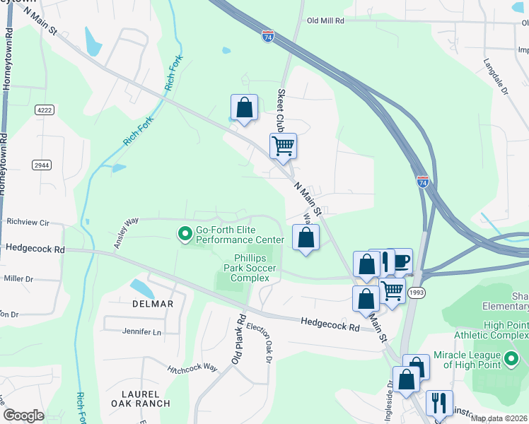 map of restaurants, bars, coffee shops, grocery stores, and more near 6522 Ashebrooke Drive in High Point