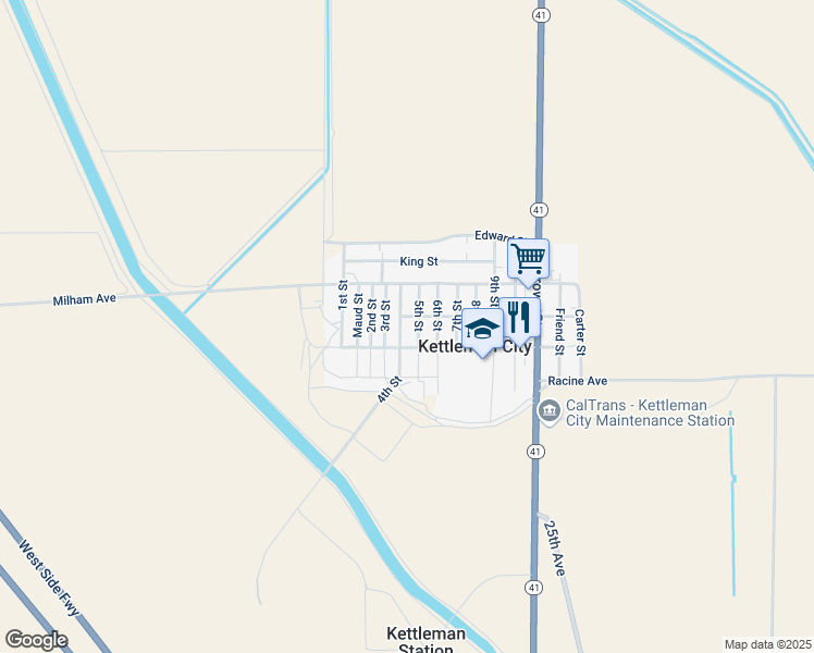 map of restaurants, bars, coffee shops, grocery stores, and more near 200-298 5th Street in Kettleman City