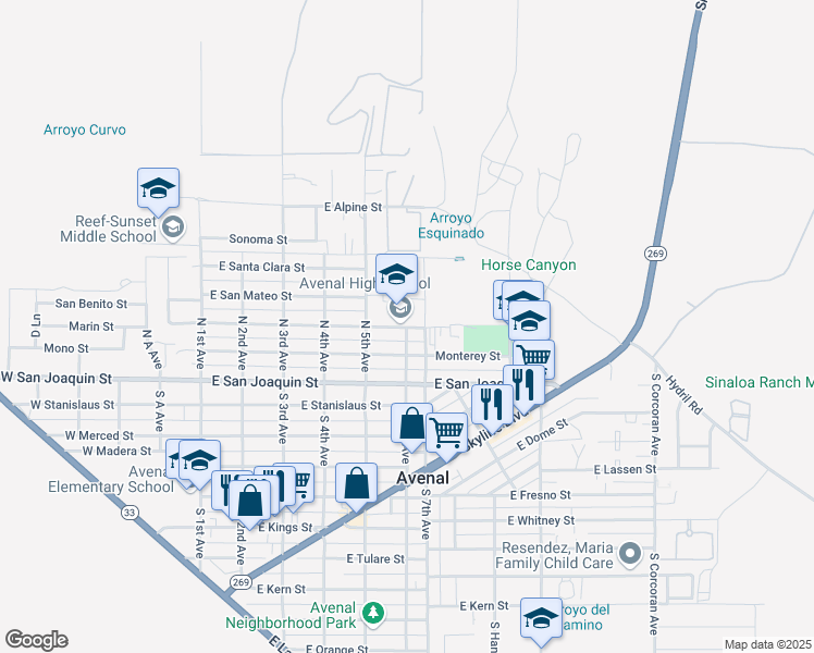 map of restaurants, bars, coffee shops, grocery stores, and more near 601 East Mariposa Street in Avenal
