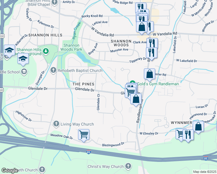 map of restaurants, bars, coffee shops, grocery stores, and more near 704 Glendale Drive in Greensboro