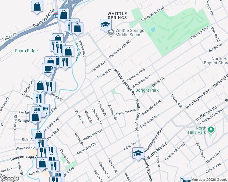 map of restaurants, bars, coffee shops, grocery stores, and more near 2504 Fairmont Boulevard in Knoxville