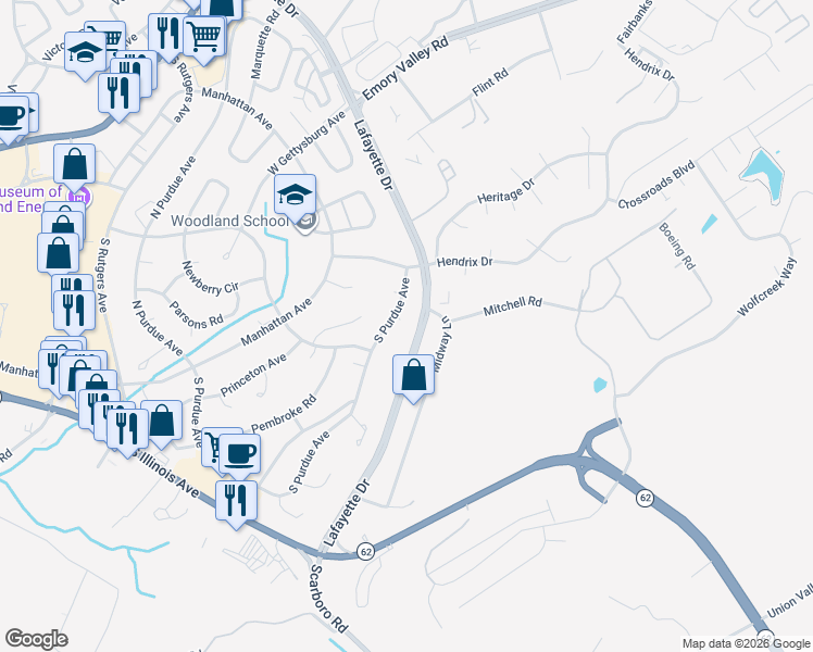 map of restaurants, bars, coffee shops, grocery stores, and more near 119 South Purdue Avenue in Oak Ridge