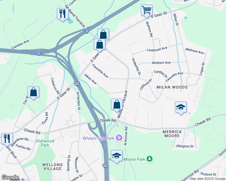 map of restaurants, bars, coffee shops, grocery stores, and more near 2103 Aiken Avenue in Durham
