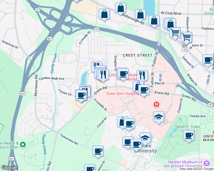 map of restaurants, bars, coffee shops, grocery stores, and more near 508 Fulton Street in Durham