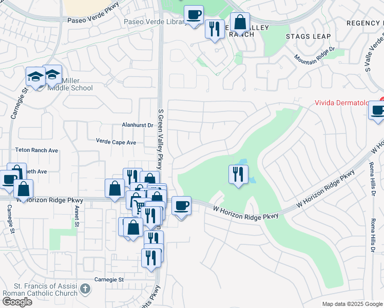 map of restaurants, bars, coffee shops, grocery stores, and more near 2171 High Mesa Drive in Henderson
