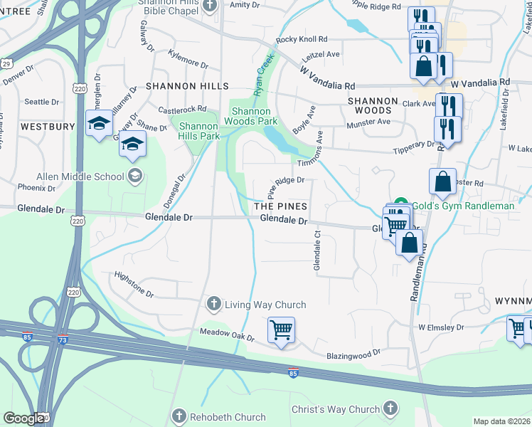 map of restaurants, bars, coffee shops, grocery stores, and more near 814 Pine Ridge Drive in Greensboro