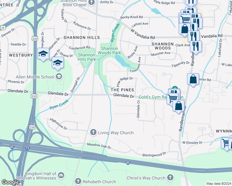 map of restaurants, bars, coffee shops, grocery stores, and more near 814 Pine Ridge Drive in Greensboro
