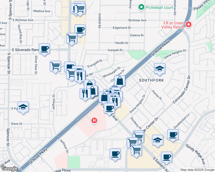 map of restaurants, bars, coffee shops, grocery stores, and more near 460 Rumford Place in Henderson