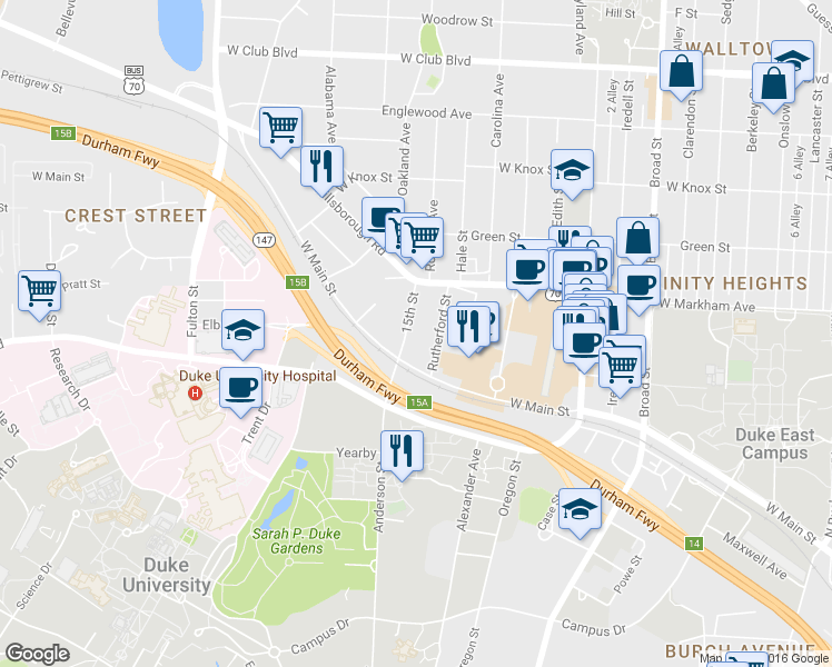 map of restaurants, bars, coffee shops, grocery stores, and more near 710 15th Street in Durham