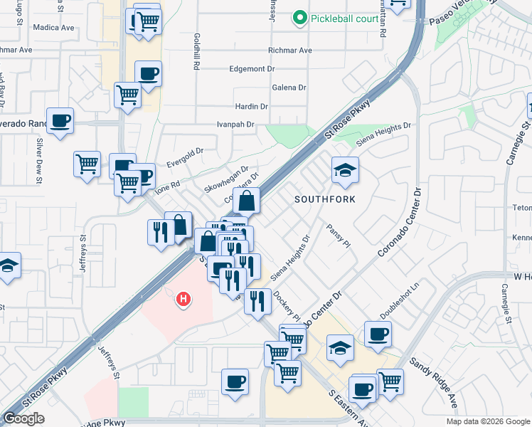 map of restaurants, bars, coffee shops, grocery stores, and more near 504 Chestnut View Place in Henderson