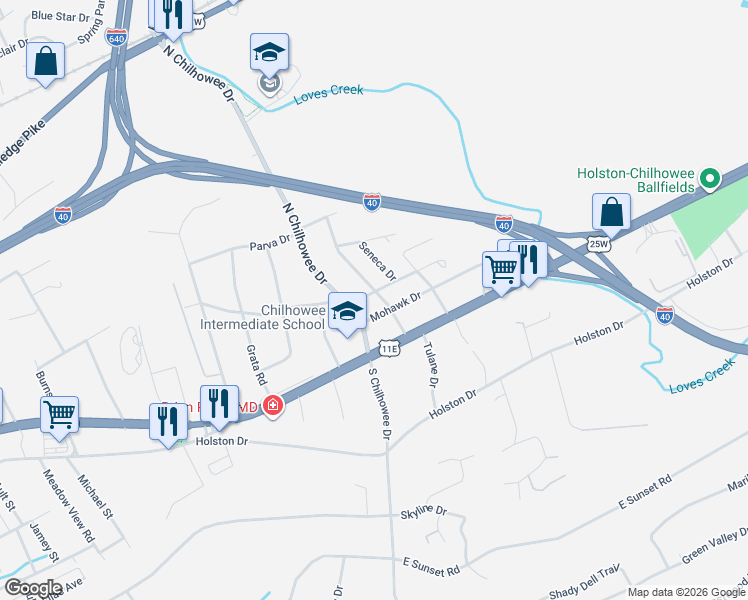 map of restaurants, bars, coffee shops, grocery stores, and more near 207 Iroquois Drive in Knoxville