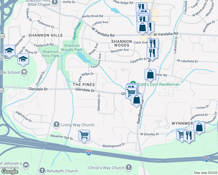 map of restaurants, bars, coffee shops, grocery stores, and more near 704 Glendale Drive in Greensboro