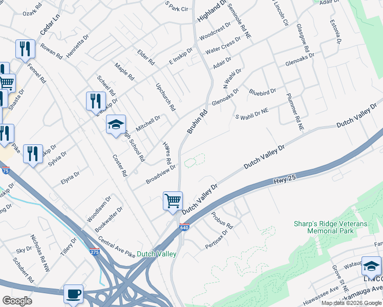 map of restaurants, bars, coffee shops, grocery stores, and more near 606 Heins Court in Knoxville