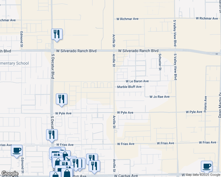 map of restaurants, bars, coffee shops, grocery stores, and more near Arville Street in Las Vegas