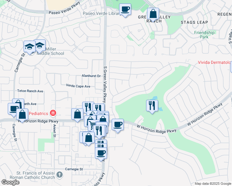 map of restaurants, bars, coffee shops, grocery stores, and more near 459 Tatum Ridge Street in Henderson