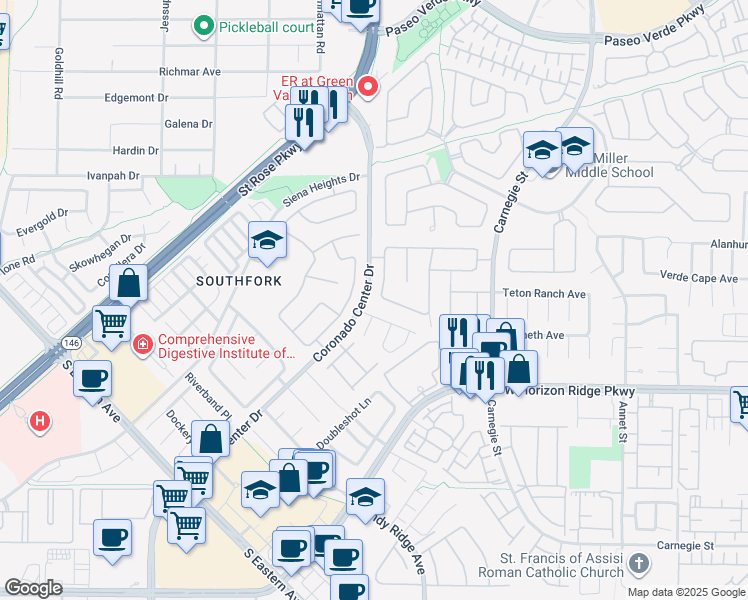 map of restaurants, bars, coffee shops, grocery stores, and more near 521 Whitewood Dr in Henderson