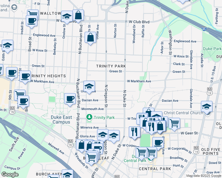 map of restaurants, bars, coffee shops, grocery stores, and more near 924 Urban Street in Durham
