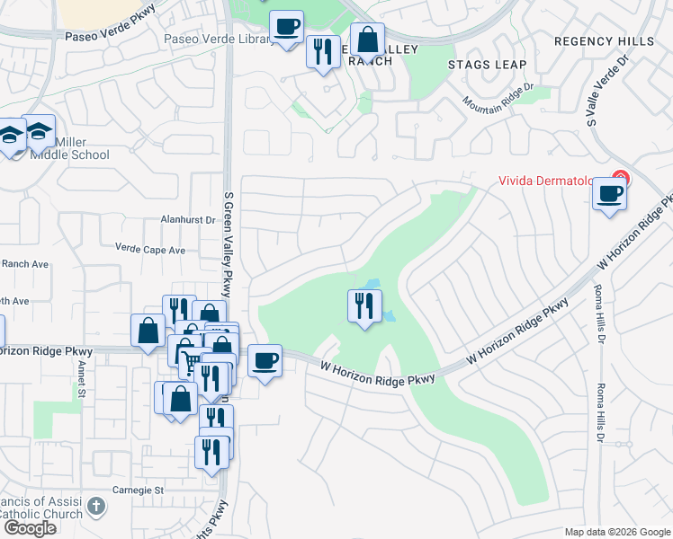 map of restaurants, bars, coffee shops, grocery stores, and more near 2143 Eagle Watch Dr in Henderson