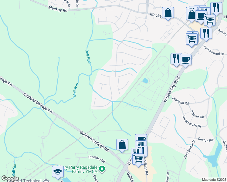 map of restaurants, bars, coffee shops, grocery stores, and more near 3807 Hunt Chase Dr in Greensboro