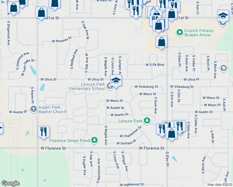 map of restaurants, bars, coffee shops, grocery stores, and more near 4298 South Juniper Place in Broken Arrow
