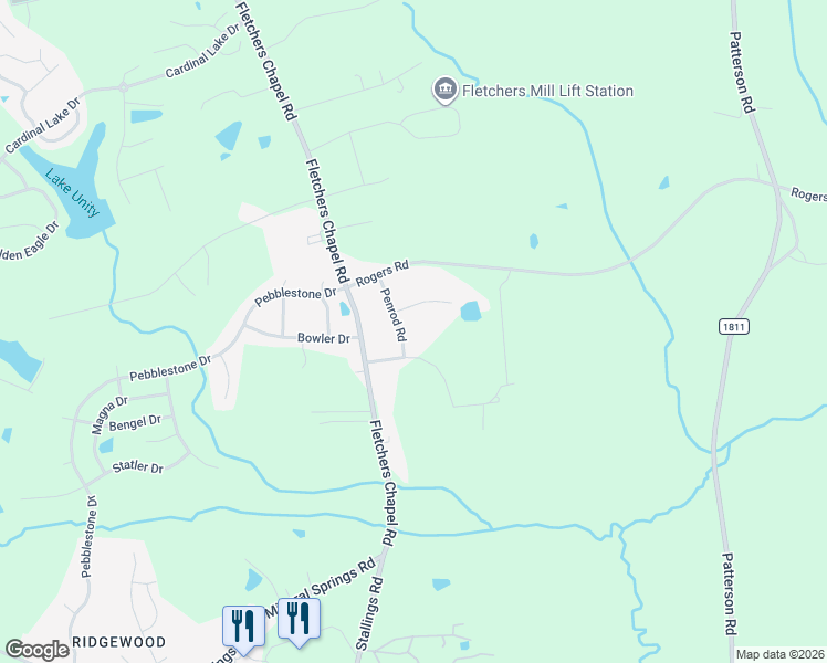 map of restaurants, bars, coffee shops, grocery stores, and more near 1808 Penrod Road in Durham