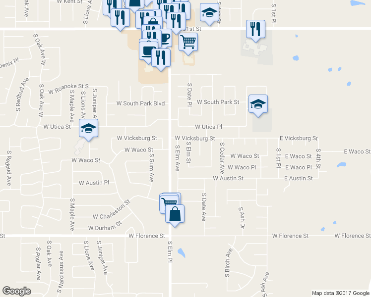 map of restaurants, bars, coffee shops, grocery stores, and more near 4312 South Elm Street in Broken Arrow