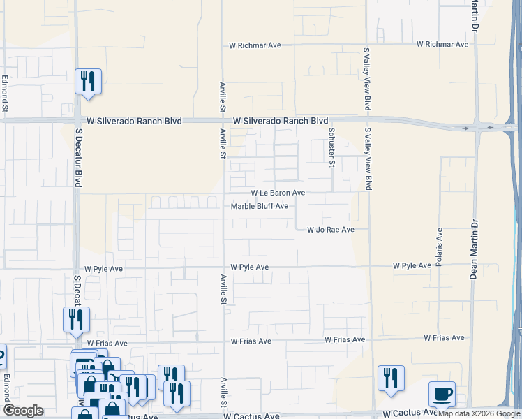 map of restaurants, bars, coffee shops, grocery stores, and more near Marble Bluff Avenue in Las Vegas