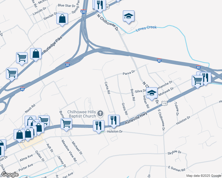 map of restaurants, bars, coffee shops, grocery stores, and more near 300 Carta Road in Knoxville