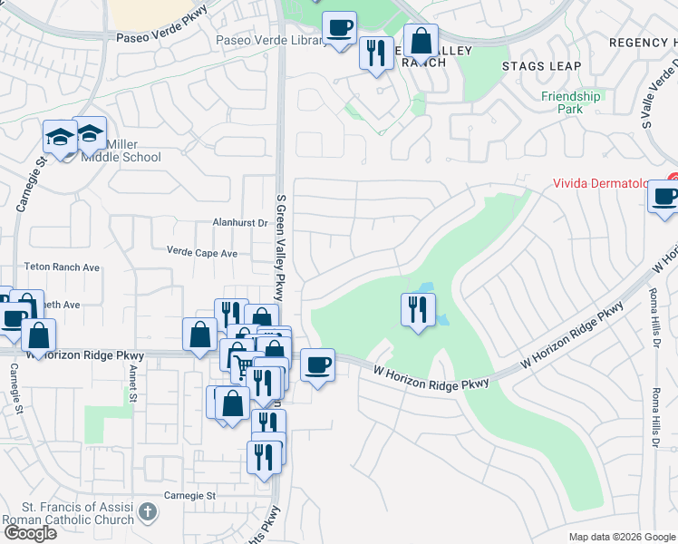 map of restaurants, bars, coffee shops, grocery stores, and more near 2165 High Mesa Drive in Henderson