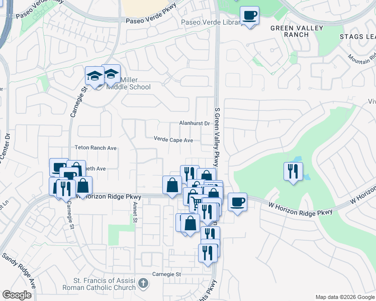 map of restaurants, bars, coffee shops, grocery stores, and more near 508 Beaconwood Street in Henderson