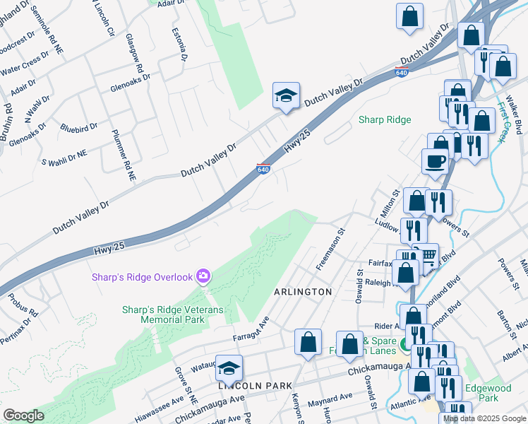 map of restaurants, bars, coffee shops, grocery stores, and more near 4016 Peaks Landing Way in Knoxville